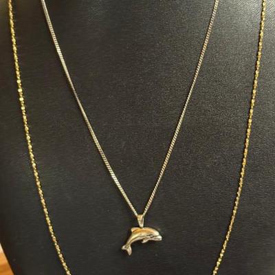 Gold Wash Sterling Silver 24 Inch Twist Chain & Sterling Silver Dolphin Pendant And 18 Inch Sterling Chain