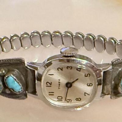 Vintage 1970's Navajo Watch Lugs Sterling Silver & Turquoise With Timex Watch