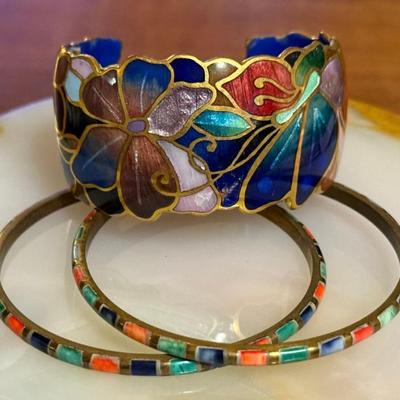 Vintage David Kuo Champleve Enamel Bracelet (as Is) (2) Stone Inlay & Brass Bangle Bracelets Malachite, Coral