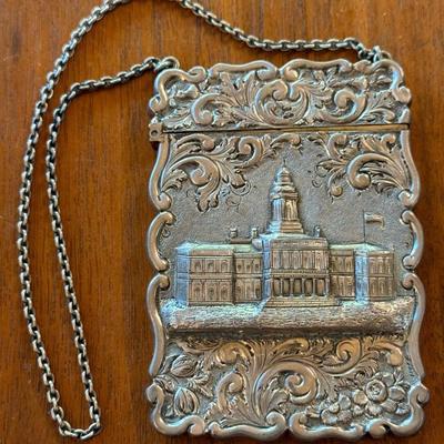 Antique English Sterling Silver Repousse Card Purse With Chain Strap - 52.7 Grams