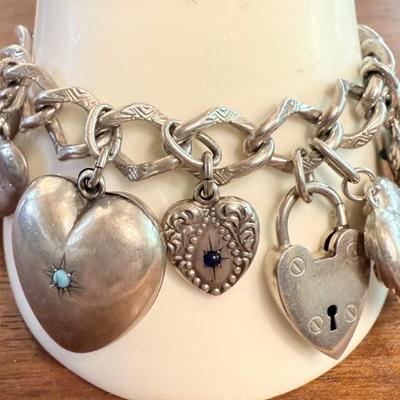 Antique Sterling Silver 7 Inch Puffy Heart Charm Bracelet (as Is) Total Weight 46.22 Grams