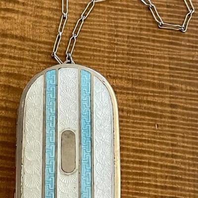 Antique Enamel Guilloche Dance Purse Compact With Silver Chain