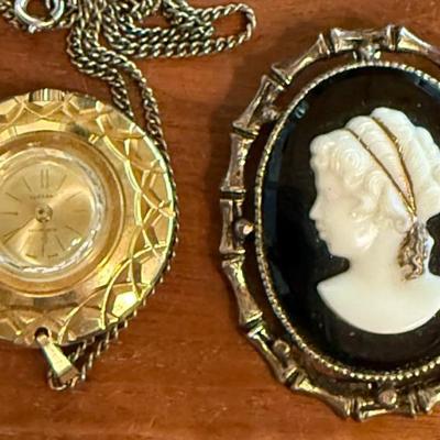 Vintage Lucerno Gold Tone Watch Necklace (as Is) & Black & White Cameo Pendant Pin With Metal Frame