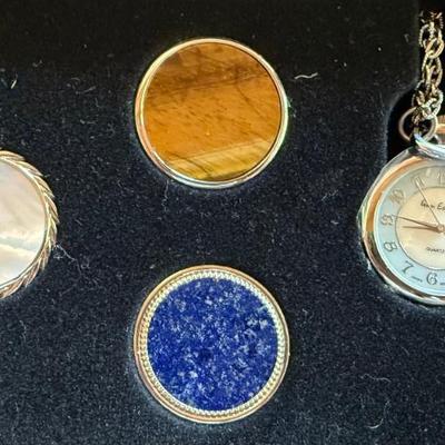 Vintage Gem Essence Necklace Watch With Assorted Gemstone Covers New In Box Lapis, Tigers Eye, Mop