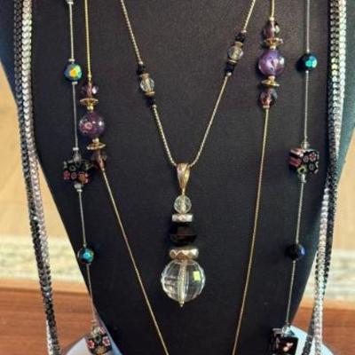 (4) Vintage Statement Necklaces Block Bead - Glass Flower Bead - Clear Plastic & Black Bead