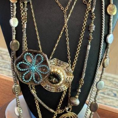 Vintage Statement Pendant Necklaces - Avon Purple Glass - Double Pendant - Metal Bead