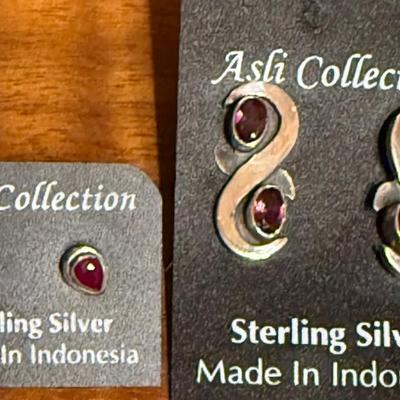 2 Pairs Of Sterling Silver Handmade Earrings - Ruby Posts And Faceted Garnet Stones - Weight 7.45 Grams