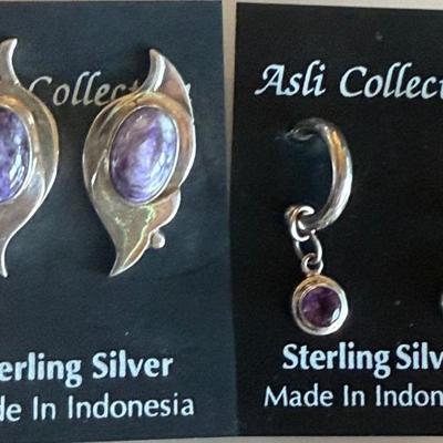 (2) Pairs Of Sterling Silver Handmade Earrings - Charoite & Amethyst Hoop - Weight 15.69 Grams