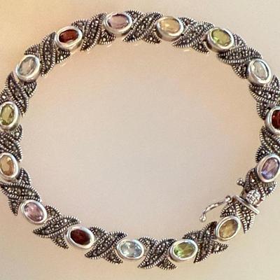 Vintage Sterling Silver And Gemstone 8 Inch Bracelet - Amethyst, Citrine, Peridot, Topaz 18.33 Grams