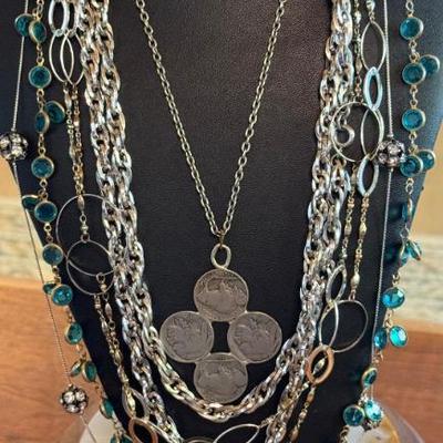 Vintage Statement Necklaces - Buffalo Head Nickels -Heavy Silver Tone Chain - Green Bead