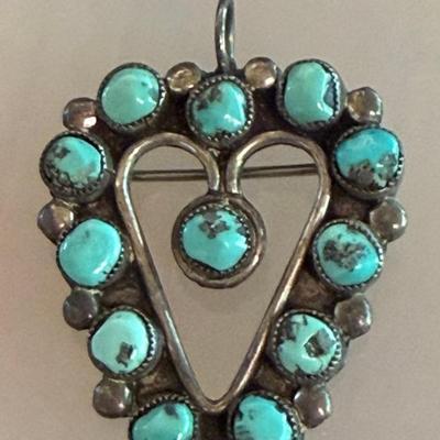 Vintage Navajo Turquoise Sterling Silver Heart Pendant & Pin
