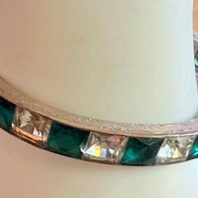 Deco Diamond Bar Crystal Hinged Etched Bangle Bracelet