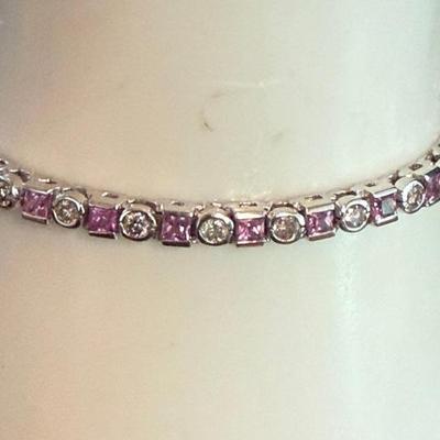 Vintage 14k White Gold - Pink Sapphire & Diamond 7 Inch Tennis Bracelet - Weight 15.37 Grams