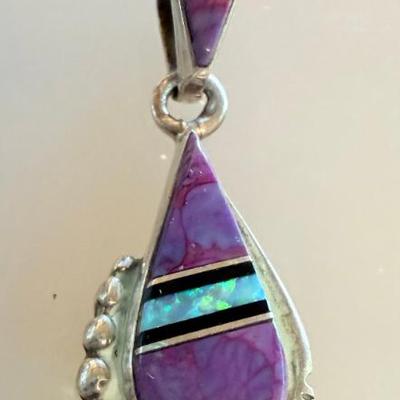 Vintage Sterling Silver Signed Native American Sugilite & Opal Pendant - 5.21 Grams
Vintage Sterling Silver Signed Native American...