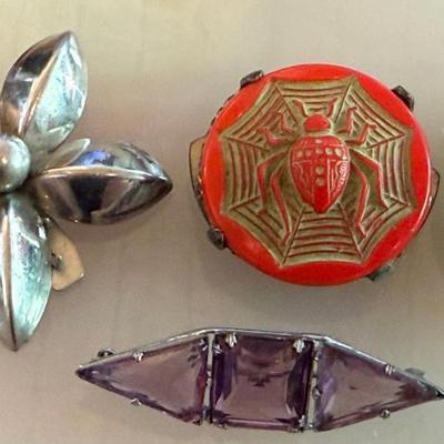 (3) Vintage Scarf Clips & (1) Purple Glass Collar Pin