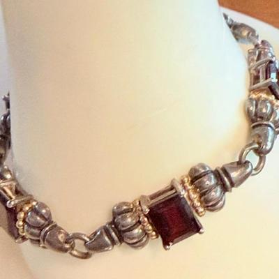 Sterling Silver & 14K Gold Faceted Garnet Stone 7 Inch Bracelet - Total Weight 21.89 Gram