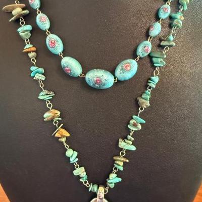 (2) Vintage Necklaces Art Glass Rose Bead And Turquoise Chip Pendant