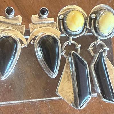 2 Pairs Of Sterling Silver Hand Made Earrings (1) Onyx & (1) Onyx & Yellow Amber - Weight 22.45 Grams