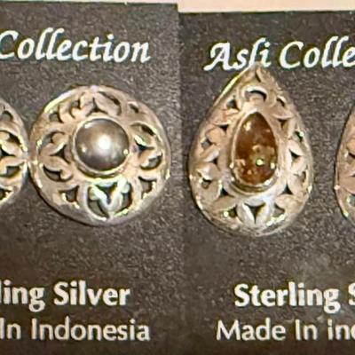 2 Pairs Of Sterling Silver Handmade Earrings Hematite Cabochons And Amber Cabochons - Weight 13.17 Grams