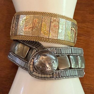 Vintage Mesh 7 Inch Floral Cathe Bracelet & Hand Made 7.5 Inch Metal Bead Bracelet W Buffalo Head Nickel