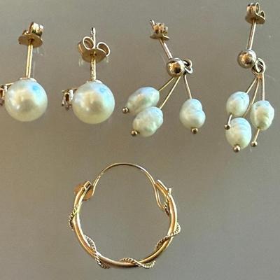 (2) Pairs Of 14k Gold And Pearl Earrings & Single 14k Gold Hoop Earring - Weight 2.28 Grams