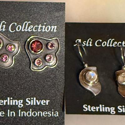 2 Pairs Of Sterling Silver Handmade Earrings - Faceted Garnet & Moonstone - Weight 11.87 Grams