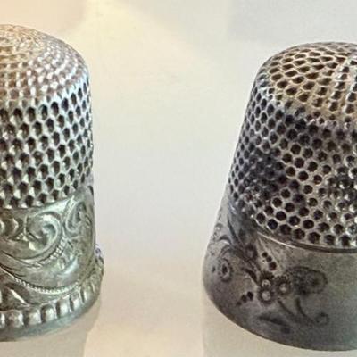 (2) Antique Sterling Silver Etched Thimbles 10 - Total Weight 10.56 Grams