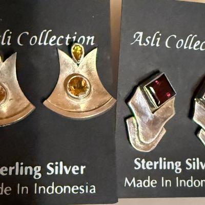 2 Pairs Of Sterling Silver Handmade Earrings - Faceted Citrine And Faceted Square Garnet - 12.49 Grams