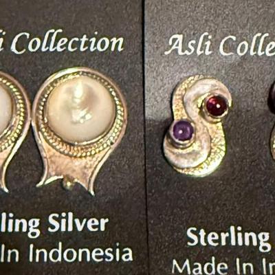 2 Pairs Of Sterling Silver Handmade Earrings MOP And Amethyst & Garnet Cabochons - Weight 16.82 Grams