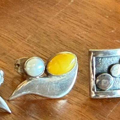 2 Pairs Of Sterling Silver Hand Made Post Earrings (1) Amber & Pearl - Total Weight 12.03 Grams