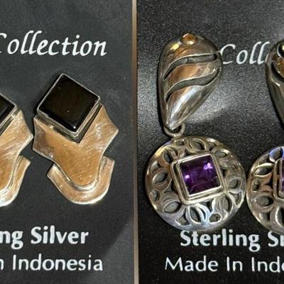 2 Pairs Of Sterling Silver Handmade Earrings - Faceted Amethyst And Black Onyx - Weight 16.24 Grams