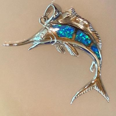 Vintage Sterling Silver & Opal Swordfish Pendant Stamped F D
