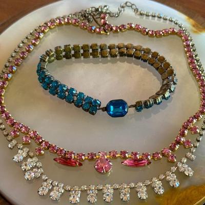 (2) Vintage Rhinestone 16 Inch Necklaces Clear & Pink & 7 Inch Czechoslavokia Vintage Blue Rhinestone Bracelet