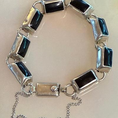 Vintage Mexico Sterling Silver & Black Onyx Panel 7 Inch Bracelet - Weight 33.83 Grams