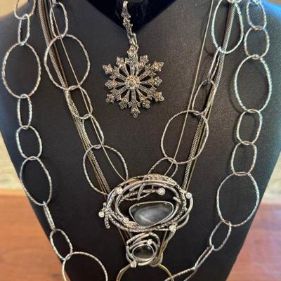 Vintage Silver Tone Necklaces One Ring Stamped V (1) Sterling Silver Snowflake W Marcasites