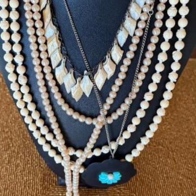Vintage Necklaces (1) Sterling Silver And Shell, Faux Pearl, Plastic Bead