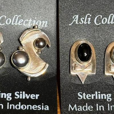 2 Pairs Of Sterling Silver Handmade Earrings Hematite And Black Onyx - Weight 15.36 Grams