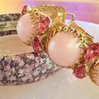 Brandt Design Handmade In Denmark Bangle Bracelet And Pink Bead & Gold Tone Panel Bracelet