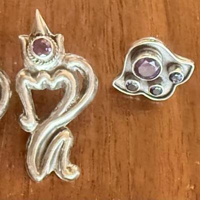 2 Pairs Of Sterling Silver Handmade Earrings - Amethyst Faceted Stones - Total Weight 12.08 Grams