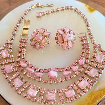 Lovely 1950's Pink Rhinestone & Satin Glass Bead 14 Inch Necklace, 7 Inch Bracelet & Clip On Earrings
