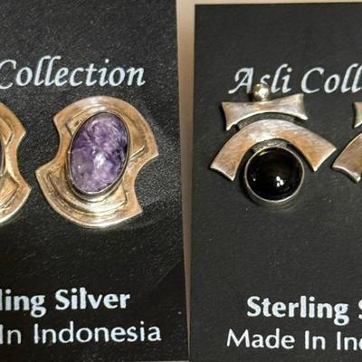 2 Pairs Of Sterling Silver Handmade Earrings - Charoite And Black Onyx - Weight 13.82 Grams