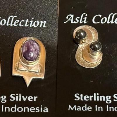 2 Pairs Of Sterling Silver Earrings Hematite And Charoite - Weight 12.33 Grams