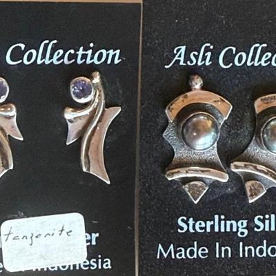 (2) Pairs Of Sterling Silver Handmade Earrings - Faceted Tanzanite & Hematite Cabochons - Weight 9.88 Grams