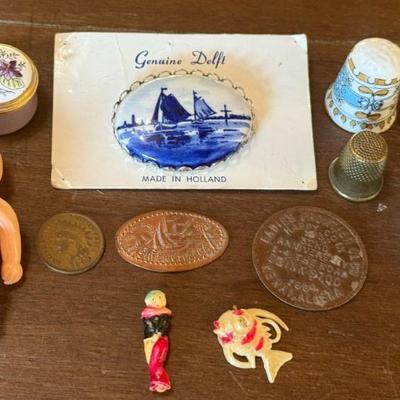 Crummles Enamel Trinket Jar, Celluloid Doll, Indian Head Penny. Delft Pin
