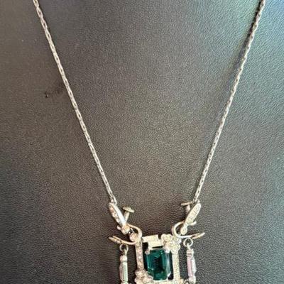 Gorgeous Art Deco Sterling Silver - Green Faceted & Rhinestone Necklace & Screw Back Earrings