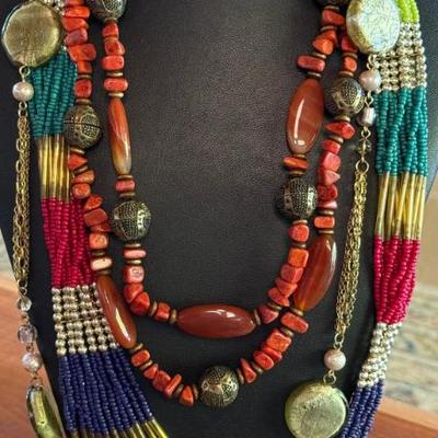 Vintage Multi Color Seed Bead Necklace - Cold Water Creek Coral Necklace & Glass Coin Necklace