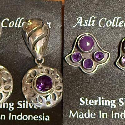 2 Pairs Of Sterling Silver Handmade Earrings Faceted Amethyst And Charoite & Faceted Amethyst - 17.27 Grams