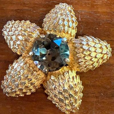 Vintage Henri Bendel New York Textured Gold Tone & Flower Brooch W Faceted Rhinestone Pin