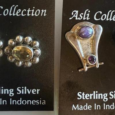 2 Pairs Of Sterling Silver Handmade Earrings - Charoite & Amethyst And Faceted Citrine - Weight 13.16 Grams