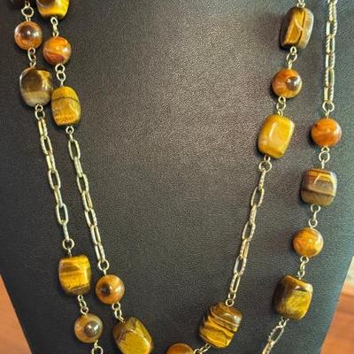 Vintage Tigers Eye Snd Polished Agate Bead 48 Inch Necklace